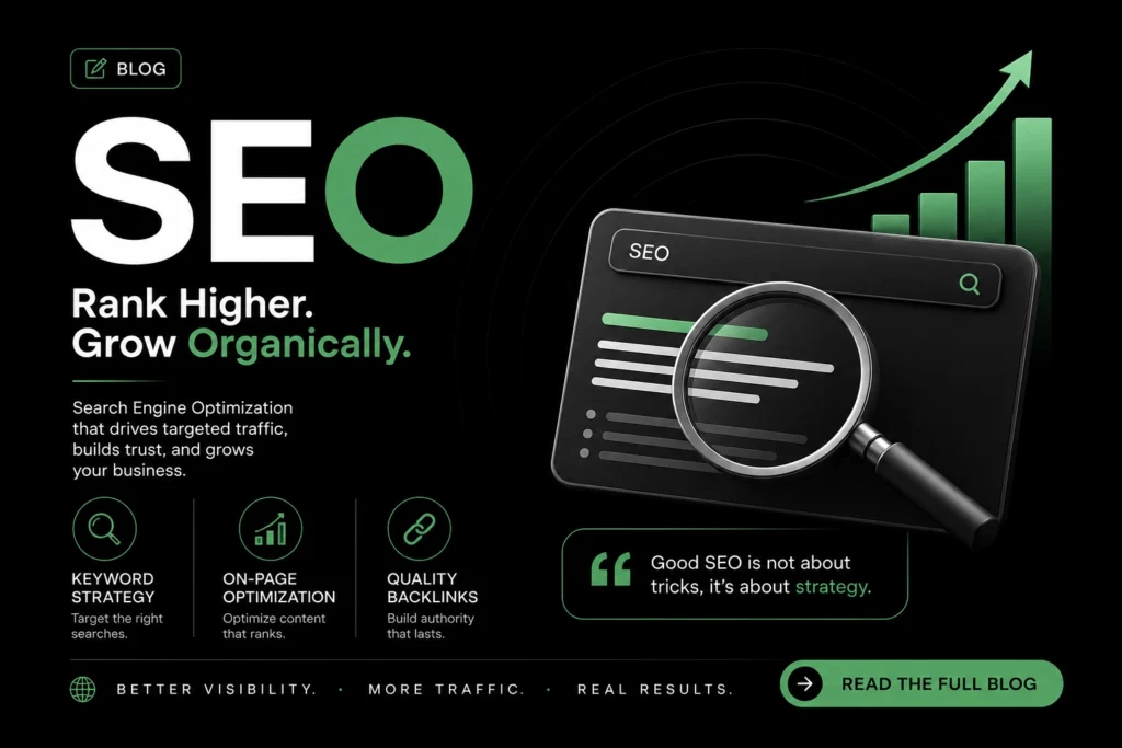 SEO strategy guide showing keyword research, on-page optimization, backlinks, and organic search growth