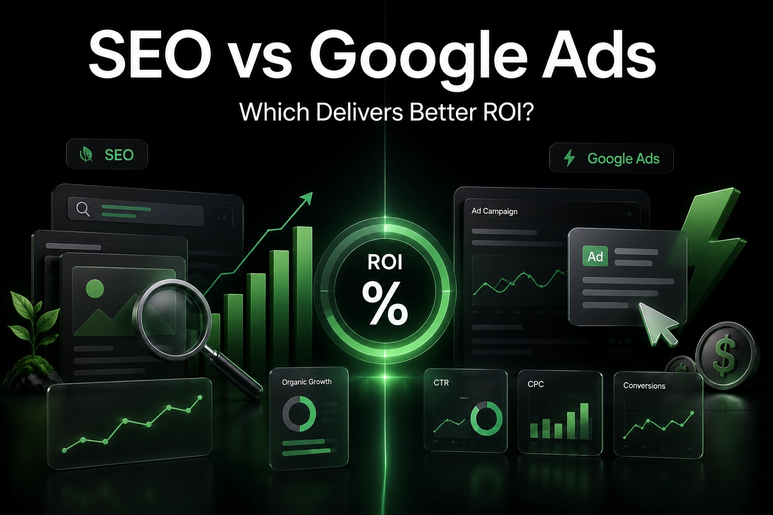 SEO vs Google Ads comparison showing organic search growth, paid advertising, and marketing ROI