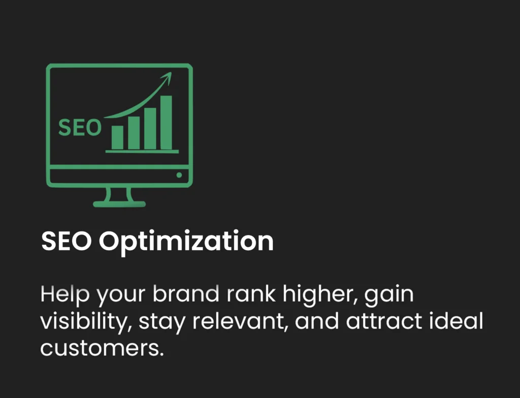 SEO optimization service card featuring search engine ranking, website visibility, and organic traffic growth