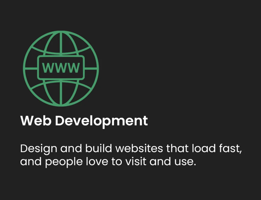 Web development service card featuring website design, development, and fast user-friendly websites