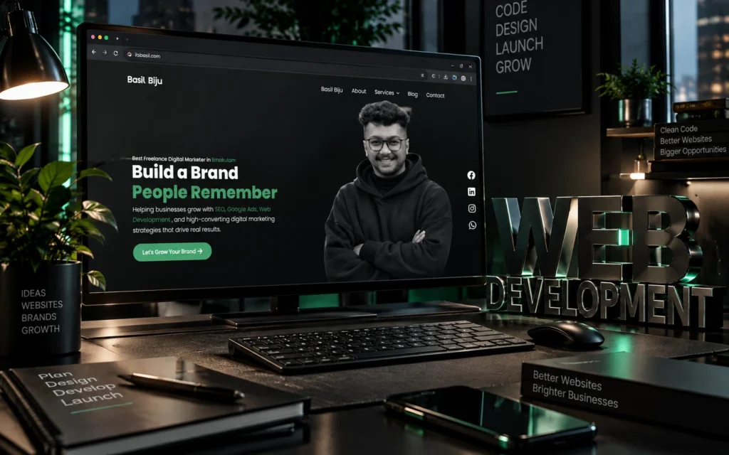 Web development workspace with a professional website displayed on a monitor
