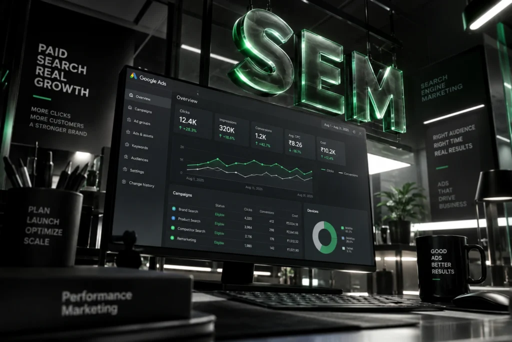 Google Ads and search engine marketing dashboard showing campaign performance and results