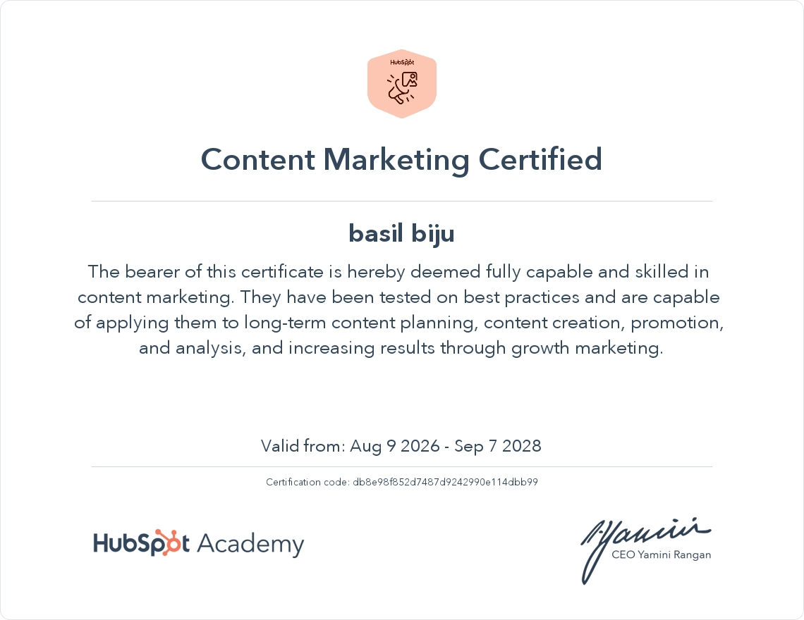 HubSpot Content Marketing Certificate awarded to Basil Biju, Best Freelance Digital Marketer in Ernakulam.