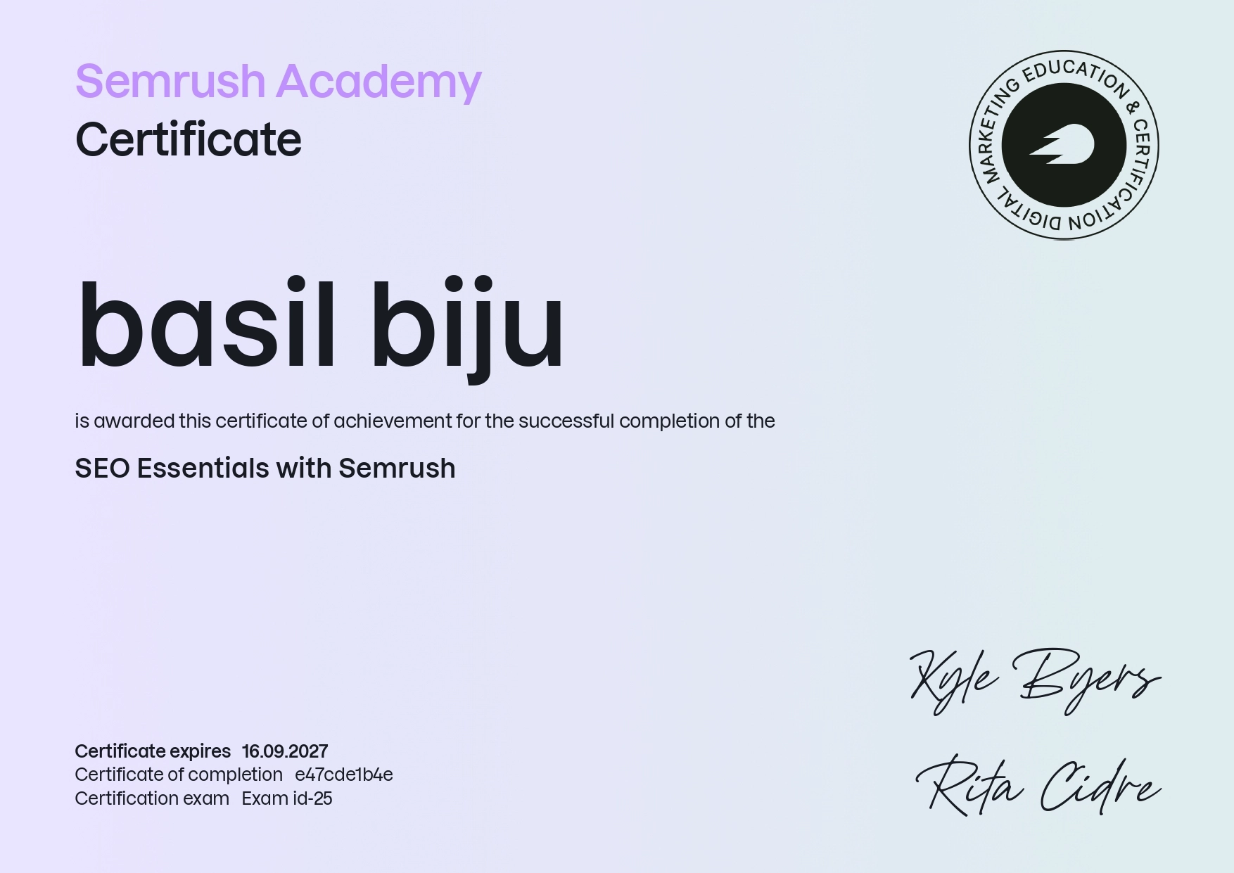 Semrush SEO Essentials Certificate earned by Basil Biju, Best Freelance Digital Marketer in Ernakulam, demonstrating SEO knowledge.