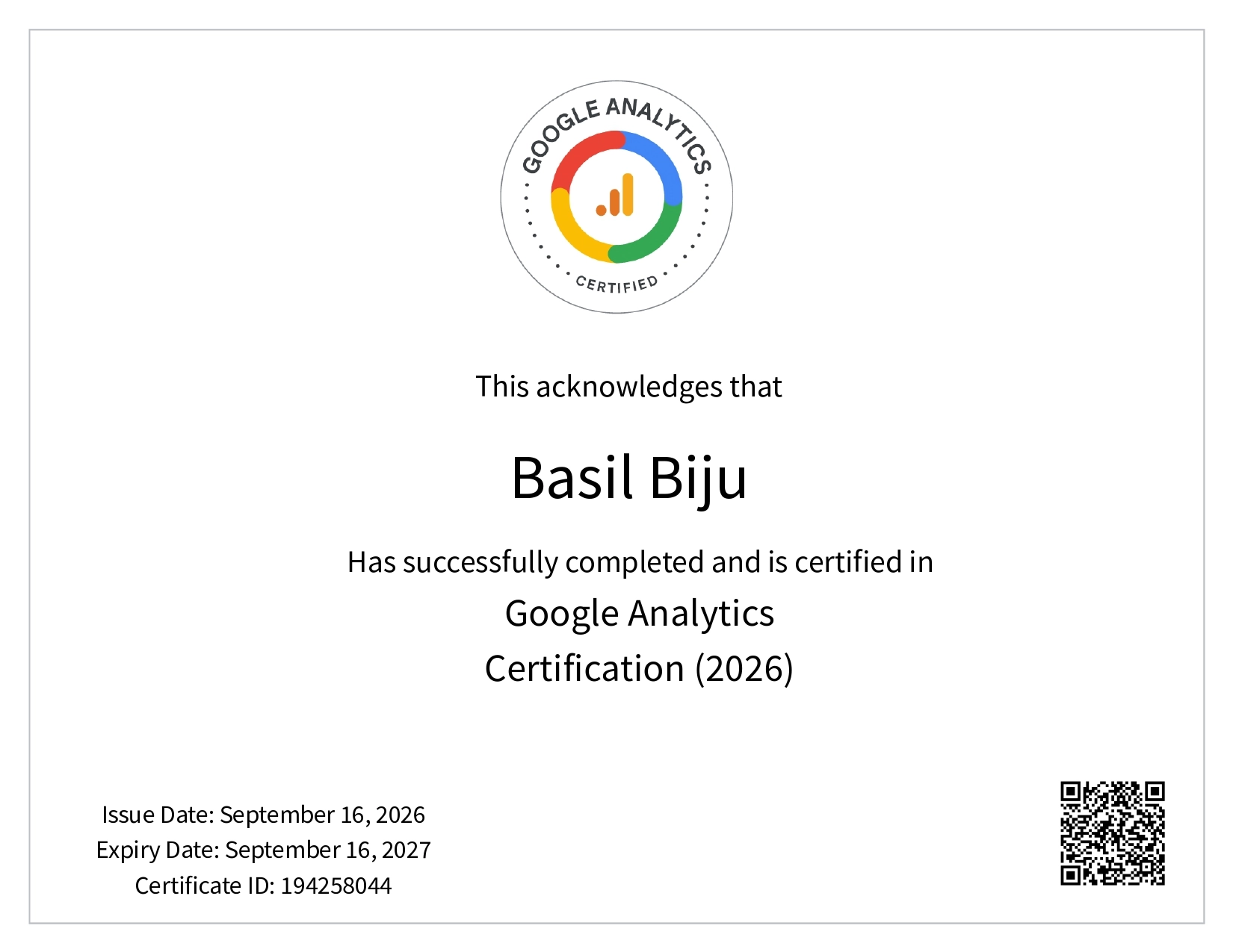 Google Analytics Certification 2026 earned by Basil Biju, Best Freelance Digital Marketer in Ernakulam.