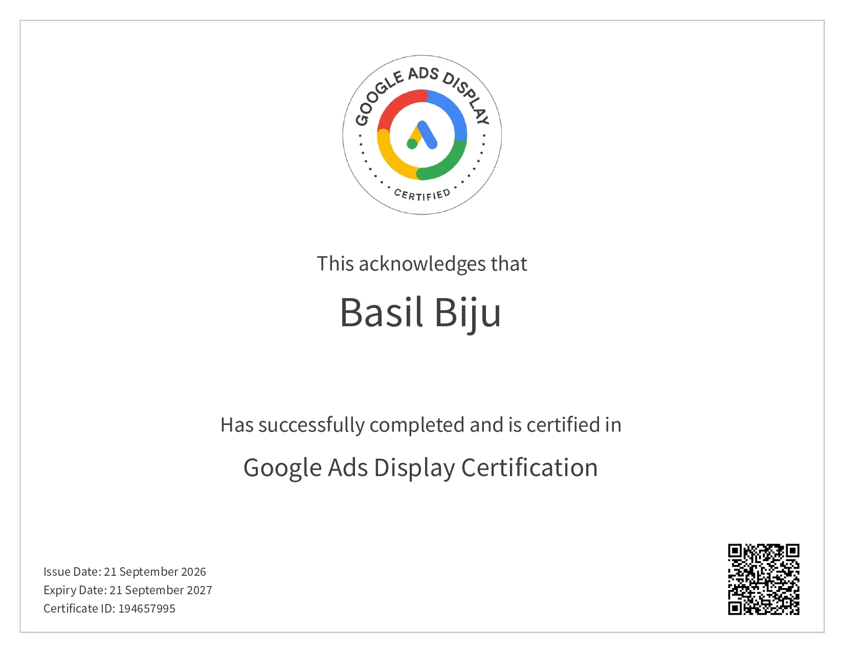 Google Ads Display Certification awarded to Basil Biju, Best Freelance Digital Marketer in Ernakulam.